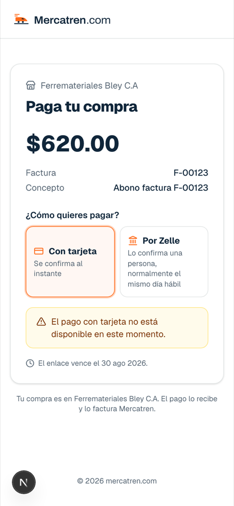 La página de pago de un cobro por enlace de $620: el comercio, la factura, el concepto y las dos formas de pagar.